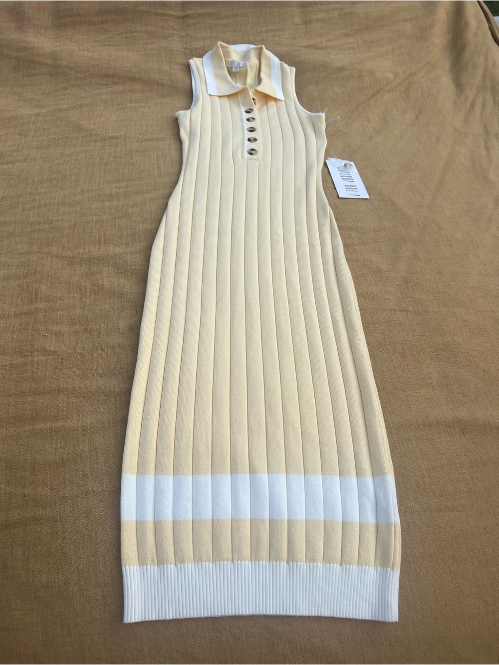 J for Justify Pale Yellow Sleeveless Polo Ribbed Midi Dress White Trim Size M